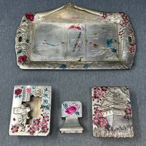 Vintage Japanese Metal Smoking Set 4pc Butterfly Floral Trinket Box Tray READ